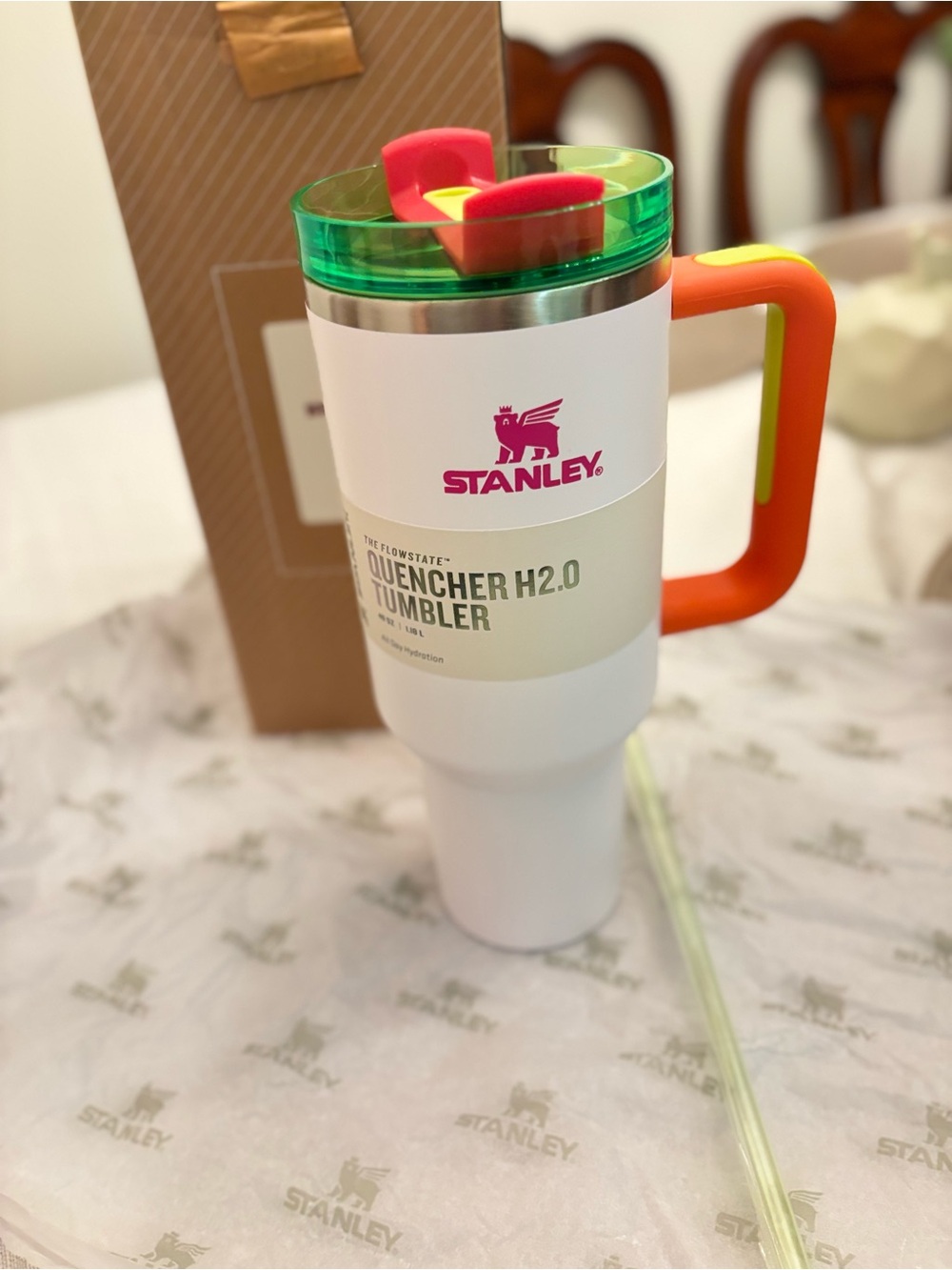 Stanley White Tumbler with Orange Handle and Green Lid
